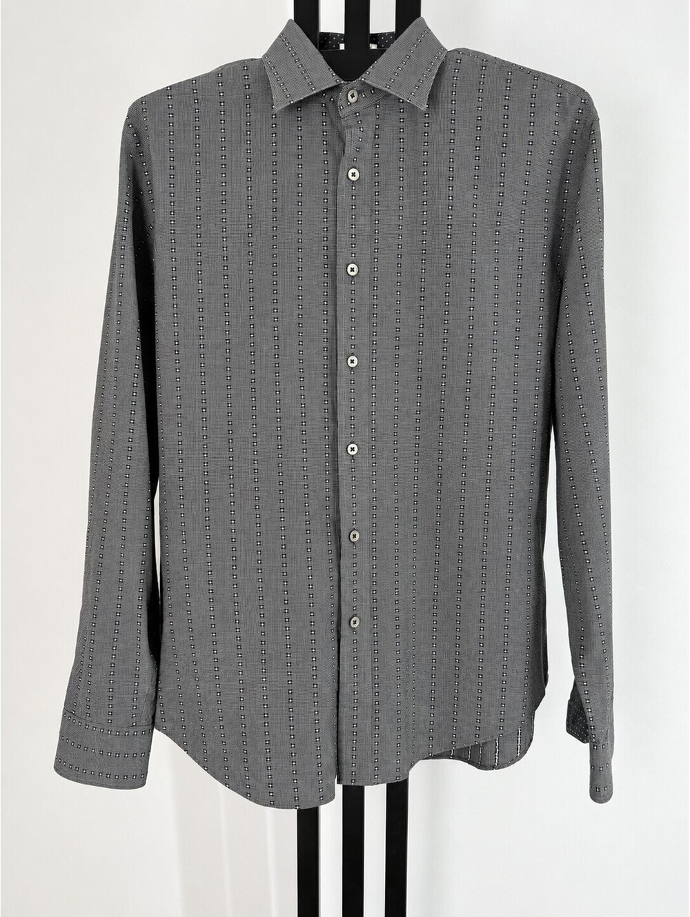 Bugatchi Button Up Shirt Mens Large XL Black Gray Square Dot Cotton Long Sleeve